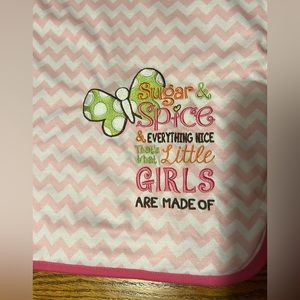 Baby Ganz blanket, pink and white chevron, sugar and spice saying on corner